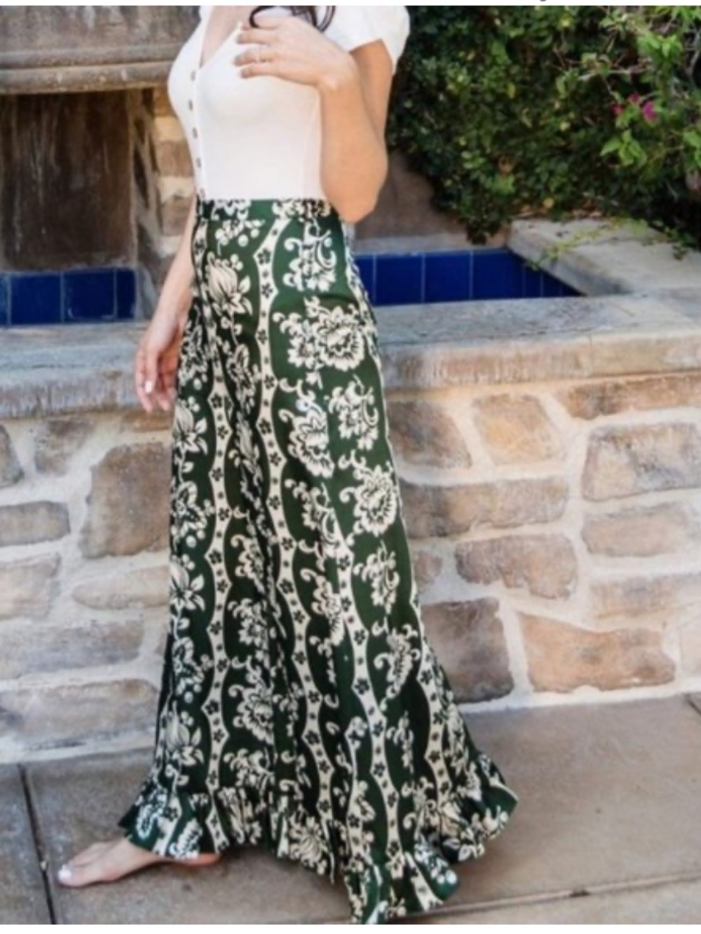 ZARA‎ Wide Leg Ruffle Hem Satin Floral Pants Small Green Cream Boho Bold Summer